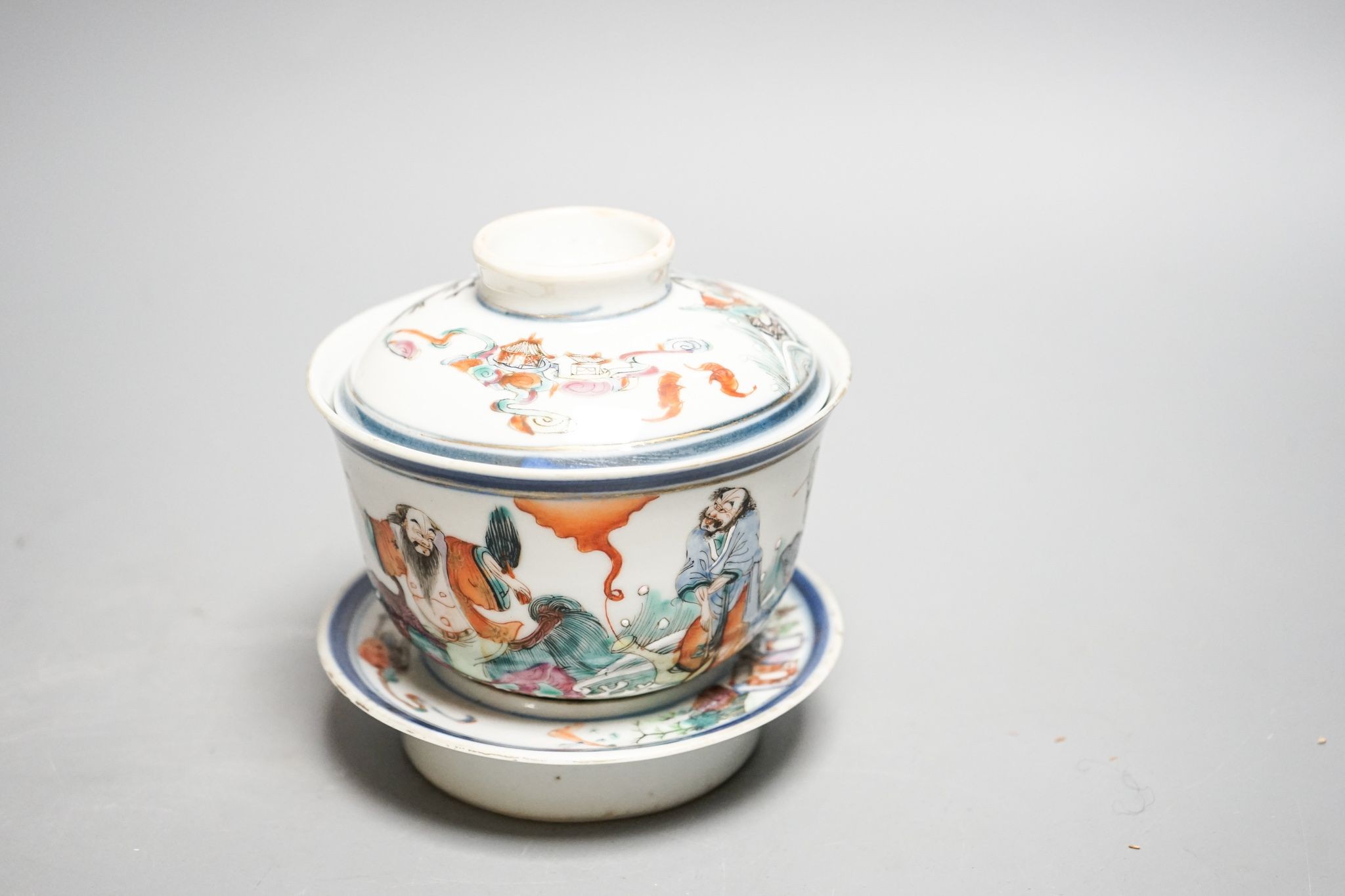 A late 19th century Chinese famille rose rice bowl, cover and stand, 11cm